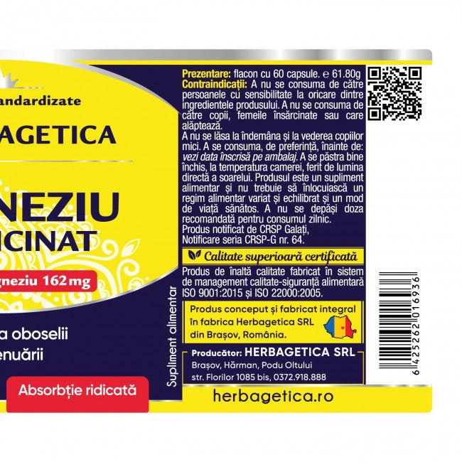 Eticheta supliment Magneziu Bisglicinat, capsule cu 162 mg magneziu pur pentru reducerea stresului, combaterea anxietății și îmbunătățirea somnului.