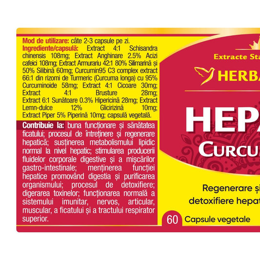 Supliment Hepato Curcumin95, capsule vegetale cu Curcumin, Silimarină și 9 extracte naturale pentru detoxifiere hepatică și regenerarea ficatului.