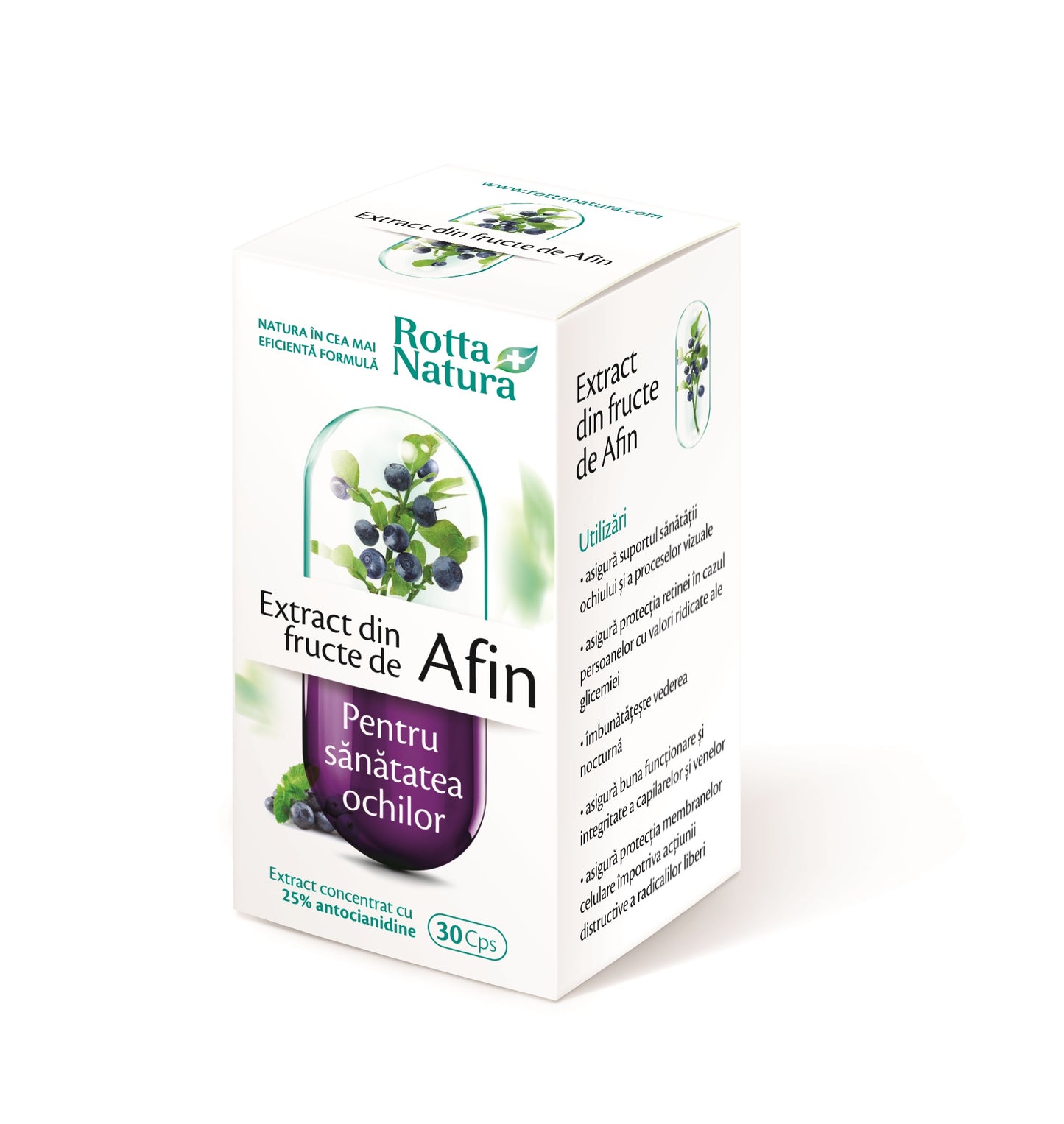 Supliment cu Extract de Afin Rotta Natura, standardizat cu 25% antocianidine, ideal pentru protecția retinei, vederea nocturnă și sănătatea capilarelor oculare.