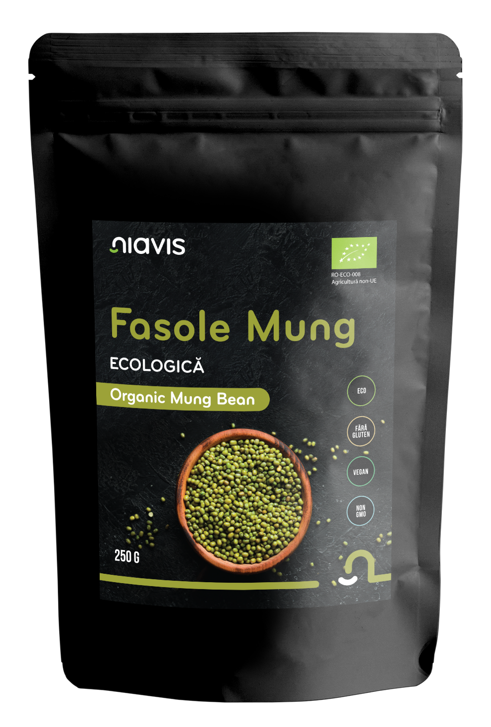 Fasole Mung ecologică Niavis 250g, boabe verzi bogate în proteine vegetale și fibre, ideale pentru salate, supe și germinare.