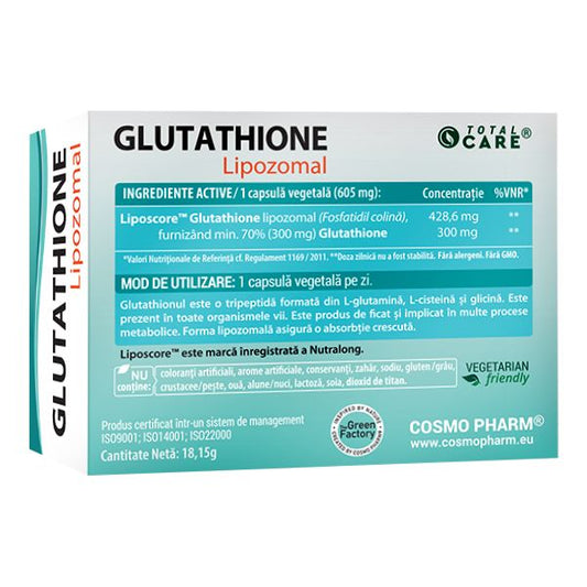 Eticheta supliment Glutathione Lipozomal 300 mg, capsule vegetale cu tehnologie Liposcore™ pentru absorbție maximă, detoxifiere hepatică și protecție antioxidantă.