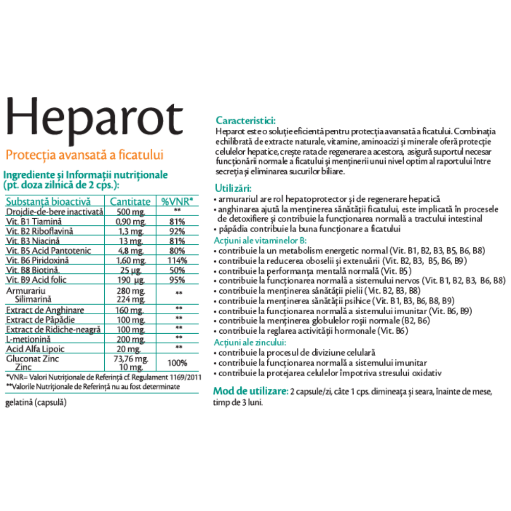 Eticheta supliment alimentar pentru protecția ficatului cu silimarină, anghinare și complex de vitamine B, 60 capsule.