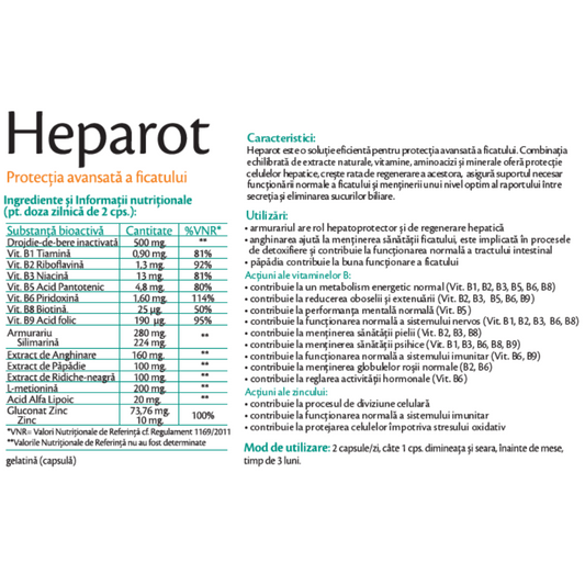 Eticheta supliment alimentar pentru protecția ficatului cu silimarină, anghinare și complex de vitamine B, 60 capsule.