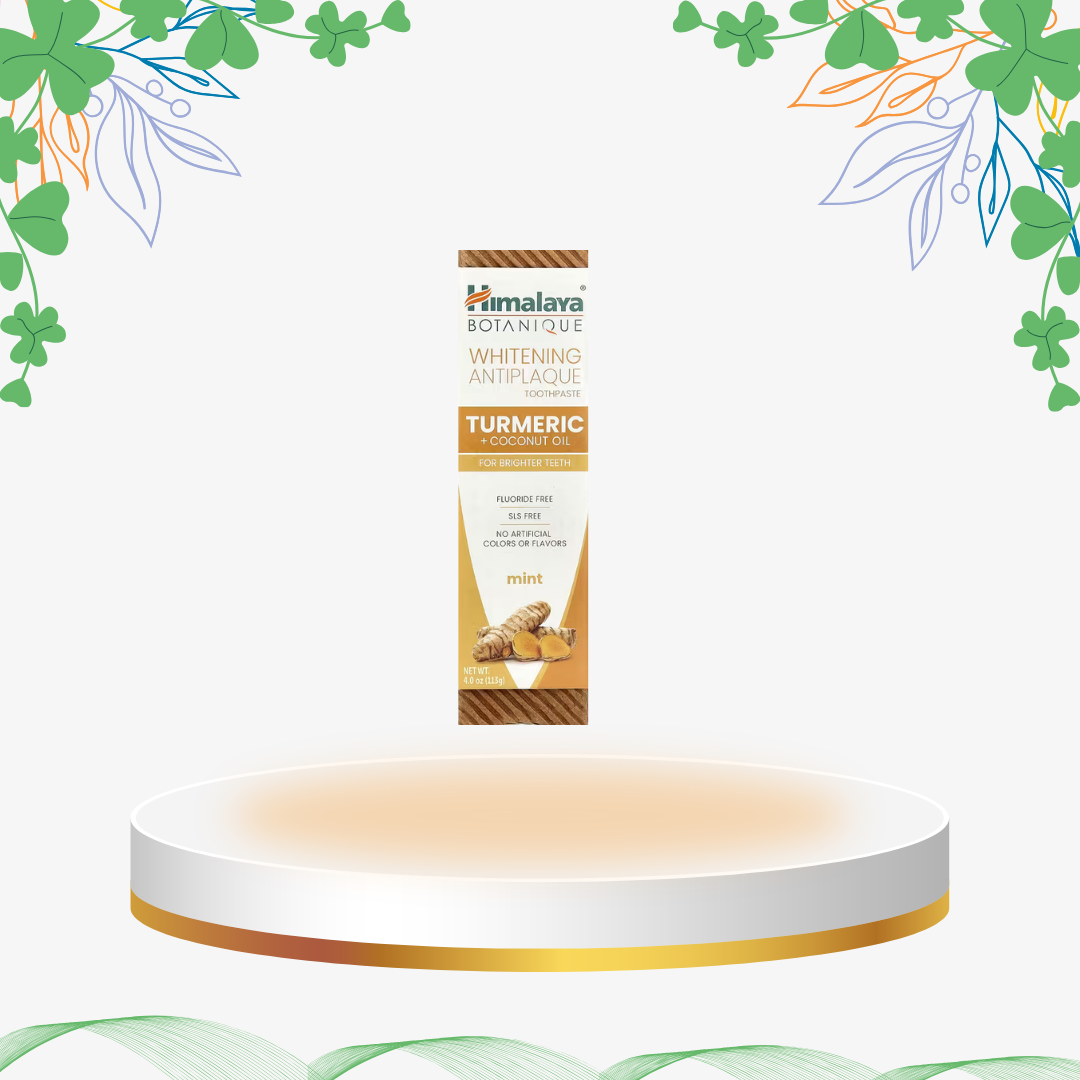 Pastă de dinți Himalaya Botanique cu Turmeric și Ulei de Cocos, fără fluor și SLS, formulă vegană pentru albire naturală și îngrijirea gingiilor.