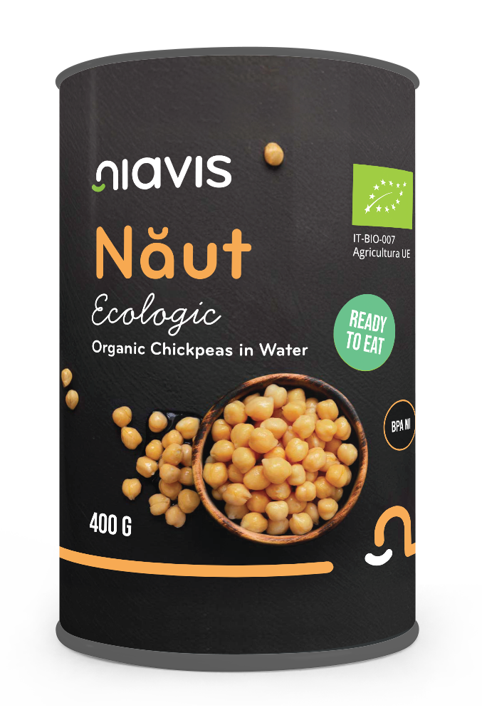 Năut Ecologic Niavis 400g, gata pentru consum (ready to eat), ideal pentru hummus, salate și rețete vegane.