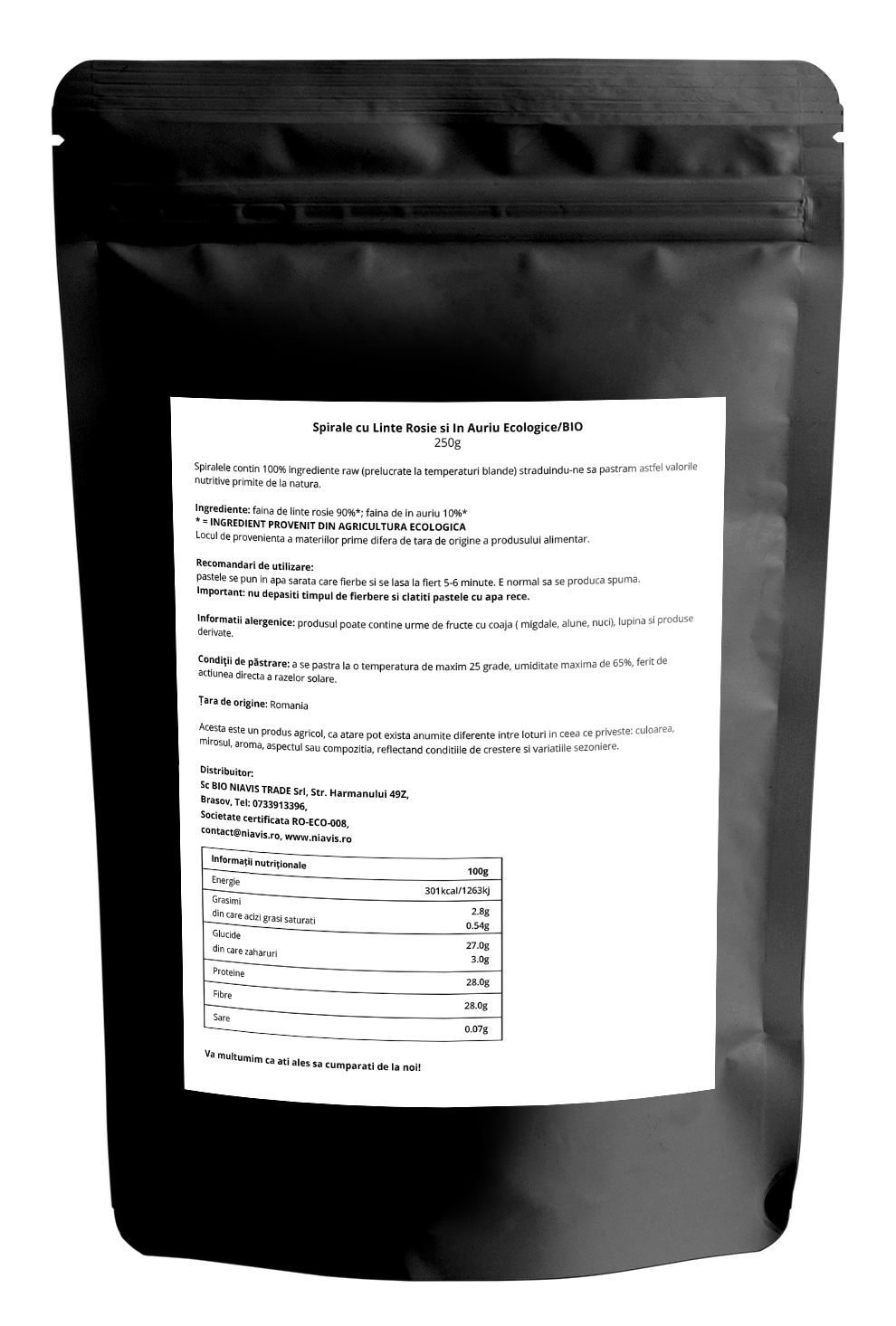 Eticheta spirale ecologice Niavis din linte roșie și in auriu, 250g, paste fără gluten bogate în proteine vegetale și Omega-3.
