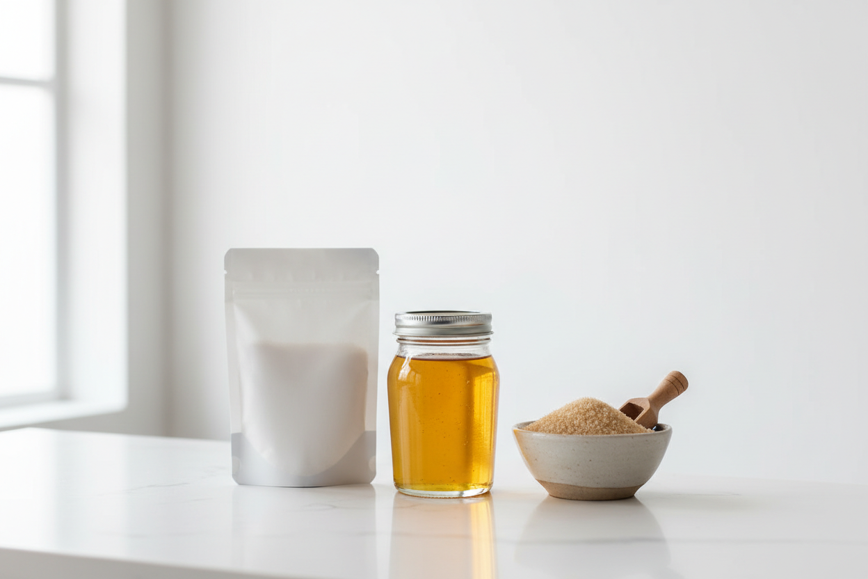 Îndulcitori naturali: sirop de agave, zahăr de cocos și îndulcitor din mesteacăn pe o masă albă.