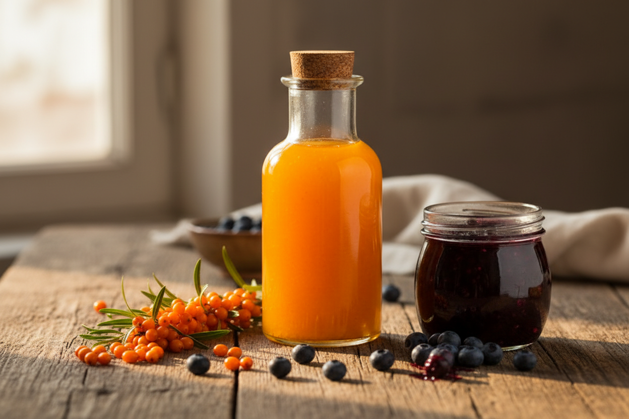Sirop natural de cătină și borcan cu gem de afine pe o masă din lemn, încadrate de fructe proaspete.