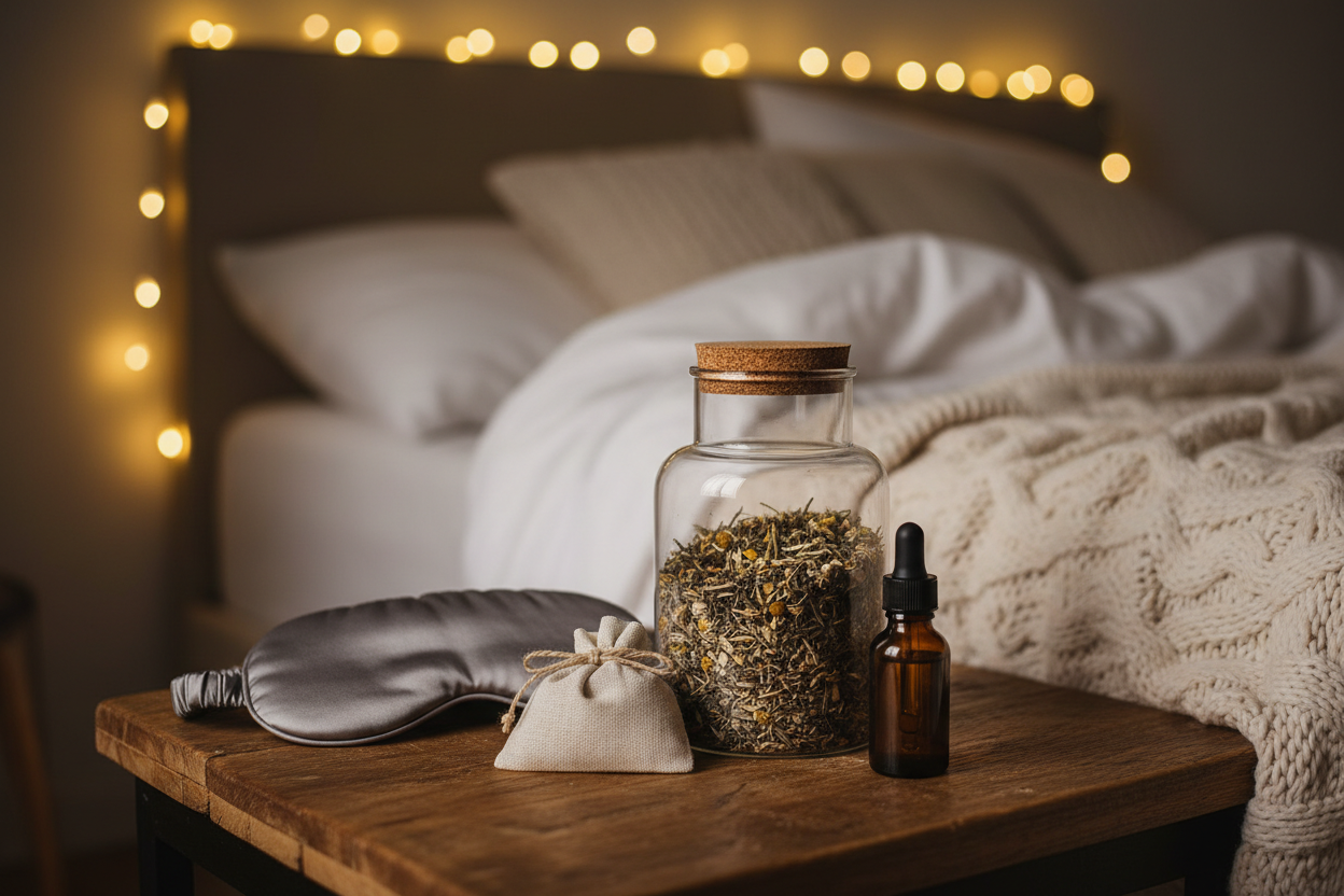 Produse naturale pentru un somn liniștit: ceai relaxant, picături din plante și mască de somn pe o noptieră.
