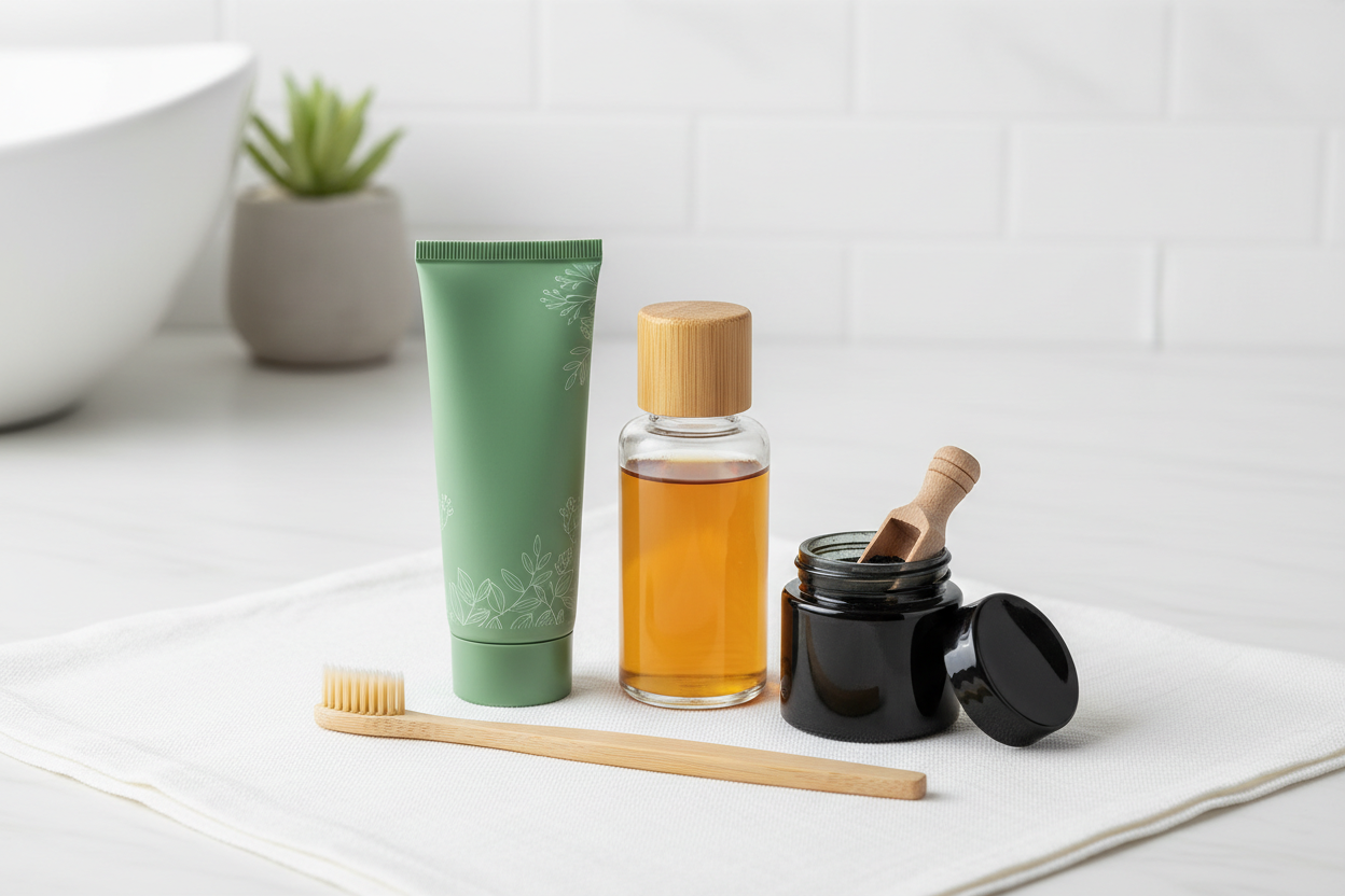 Produse naturale pentru igienă bucală: paste de dinți vegetale, pudră de cărbune și periuță din bambus.