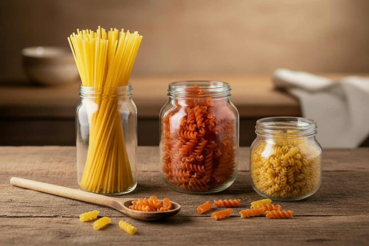 Diverse tipuri de paste făinoase: spaghete, fusilli și tăiței în borcane de sticlă pe o masă din lemn.