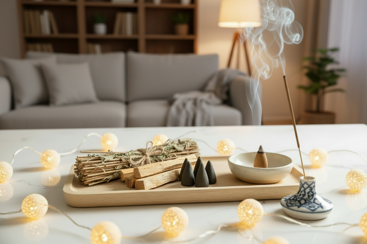 Bețișoare parfumate, conuri aromatice pentru ardere și suport ceramic pe o tavă din lemn, în cadru cu lumini calde.