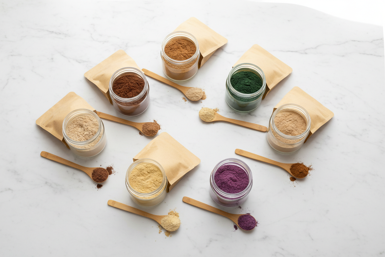 Varietate de pudre și pulberi nutritive: superalimente și amestecuri proteice (matcha și turmeric, pudre vegetale din măceșe sau roșcove (carob), băutură instant de soia).