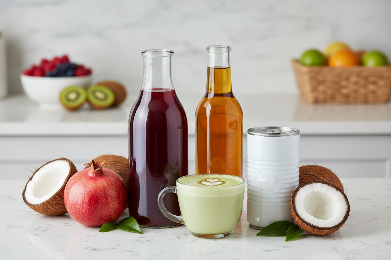 Selecție de băuturi sănătoase: suc ecologic de rodie, siropuri naturale, băutură de cocos și cutii de pulberi solubile aranjate pe o suprafață luminoasă.