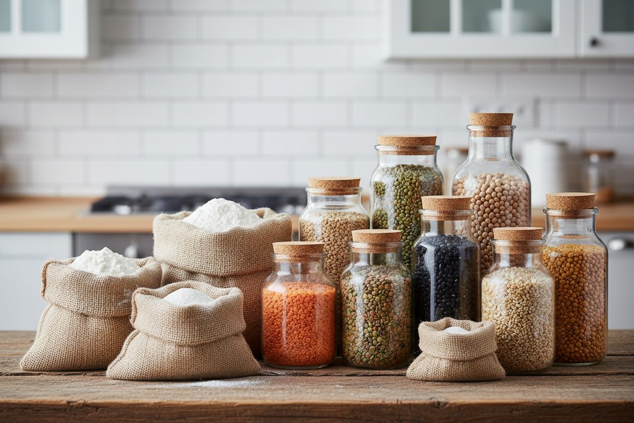 Ingrediente de bază pentru rețete sănătoase: cereale, făinuri și leguminoase asortate în borcane de sticlă, aranjate pe o masă rustică.