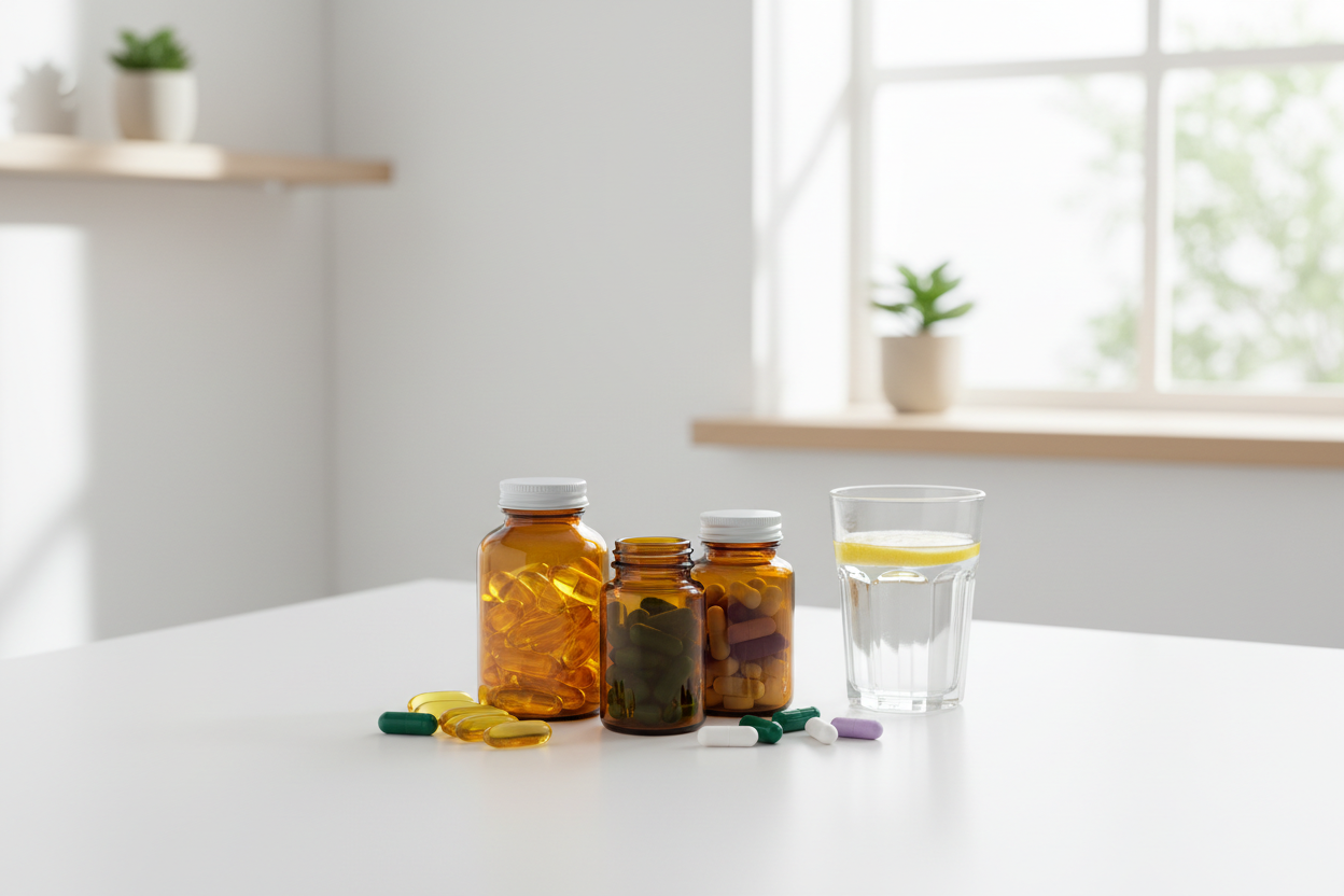 Flacoane din sticlă brună cu vitamine (complexul B, C, D3), minerale (magneziu, zinc, calciu) și suplimente alimentare, capsule împrăștiate și un pahar cu apă.