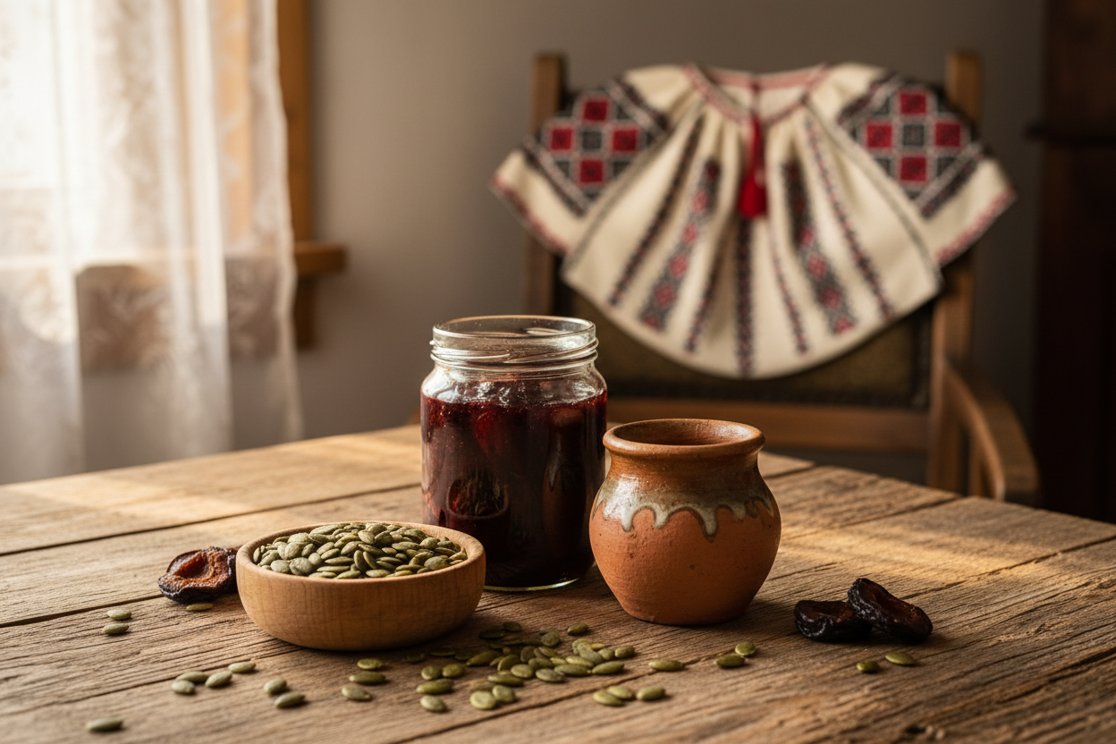 Prezentare a selecției Plantaver de produse tradiționale românești sau fabricate în România, expuse într-un decor rustic autentic.