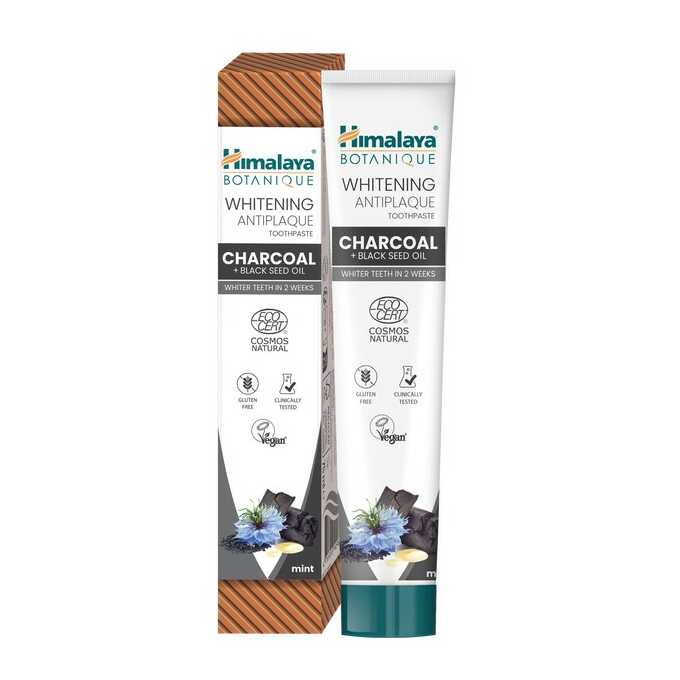 Pastă de dinți Himalaya Botanique cu cărbune activ din cocos și ulei de nigella, formulă naturală de albire fără fluor și SLS, eficientă împotriva plăcii bacteriene.