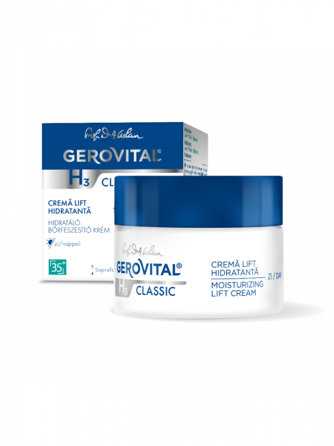 Cremă de față cu efect de lifting Gerovital H3 Anti-Age, formulă semigrasă cu Sepilift, Acid Hialuronic și Aquaxyl pentru reducerea ridurilor și hidratare intensă.