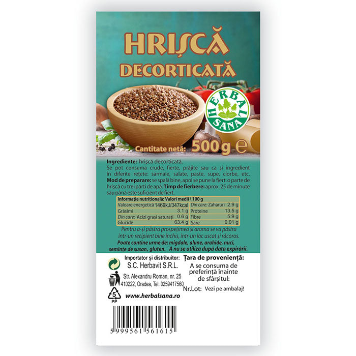 Etichetă hrișcă crudă decorticată Herbal Sana bogată în proteine și fibre