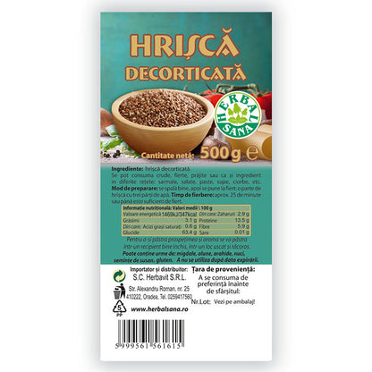 Etichetă hrișcă crudă decorticată Herbal Sana bogată în proteine și fibre