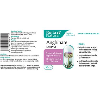 Eticheta supliment alimentar cu extract de Anghinare, capsule pentru susținerea funcției hepatice, drenaj biliar și controlul colesterolului.