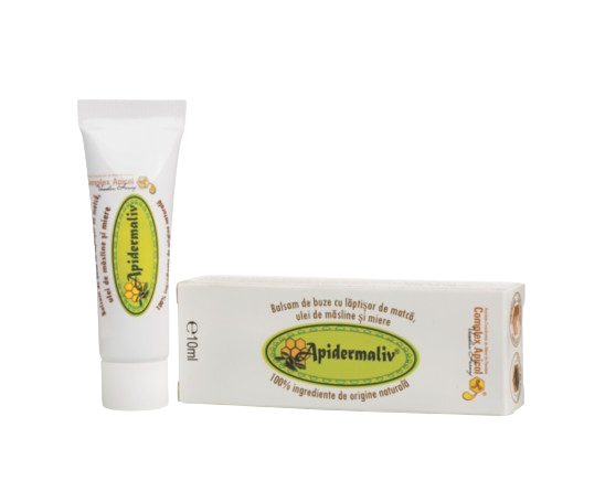 Balsam de buze natural Apidermaliv cu lăptișor de matcă, miere și ulei de măsline, pentru hidratarea și repararea buzelor uscate.