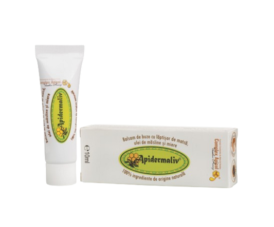 Balsam de buze natural Apidermaliv cu lăptișor de matcă, miere și ulei de măsline, pentru hidratarea și repararea buzelor uscate.