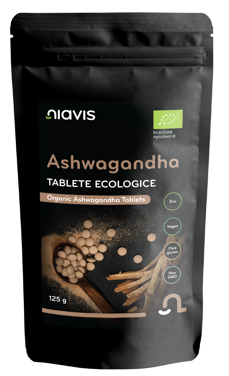 Ashwagandha BIO Niavis 125g, 250 tablete din pulbere ecologică pură, supliment adaptogen pentru stres și relaxare.