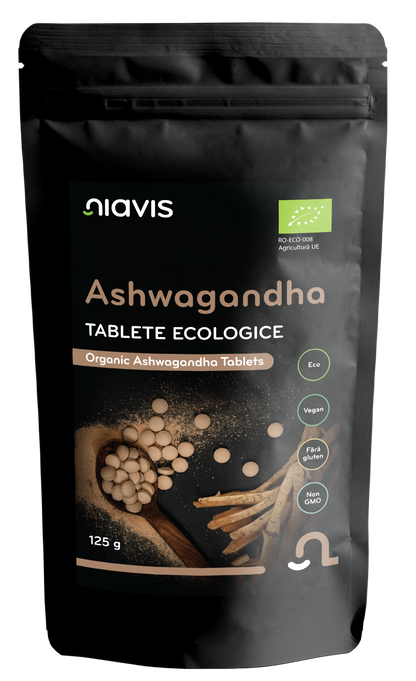 Ashwagandha BIO Niavis 125g, 250 tablete din pulbere ecologică pură, supliment adaptogen pentru stres și relaxare.