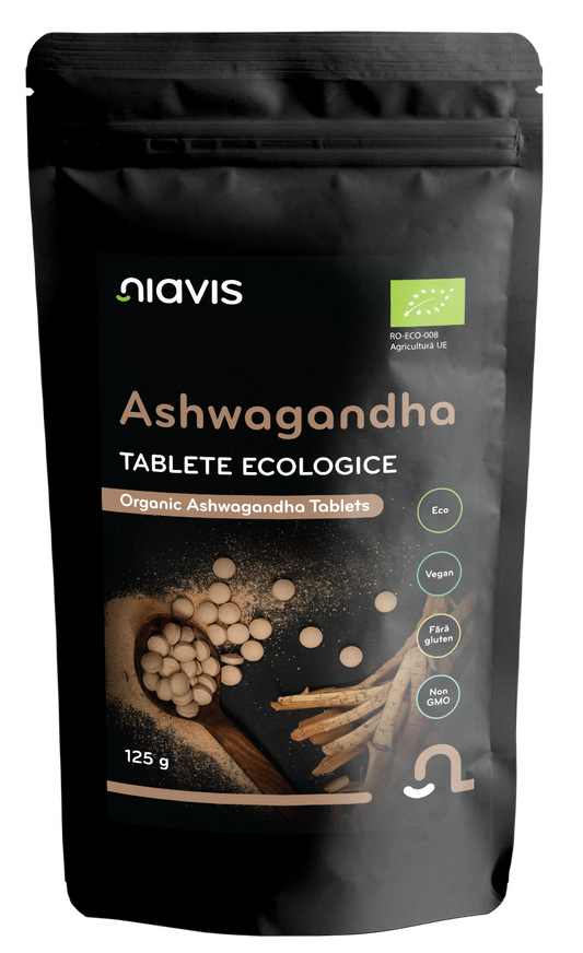 Ashwagandha BIO Niavis 125g, 250 tablete din pulbere ecologică pură, supliment adaptogen pentru stres și relaxare.