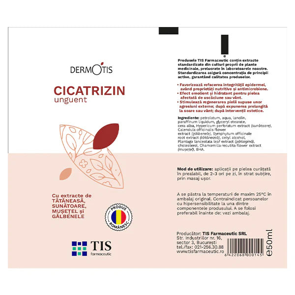 Eticheta cremă cicatrizantă cu tătăneasă, pătlagină, sunătoare și gălbenele, pentru regenerarea țesuturilor, arsuri și răni cu vindecare dificilă.