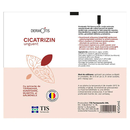 Eticheta cremă cicatrizantă cu tătăneasă, pătlagină, sunătoare și gălbenele, pentru regenerarea țesuturilor, arsuri și răni cu vindecare dificilă.