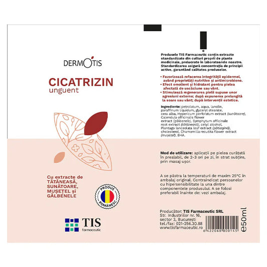 Eticheta cremă cicatrizantă cu tătăneasă, pătlagină, sunătoare și gălbenele, pentru regenerarea țesuturilor, arsuri și răni cu vindecare dificilă.
