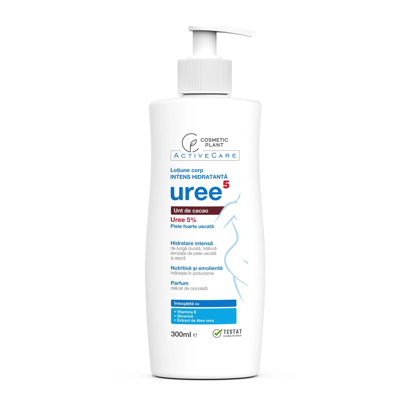 Loțiune de corp cu 5% Uree și unt de cacao pentru piele foarte uscată, cu vitamina E și aloe vera, parfum de ciocolată, 200ml.