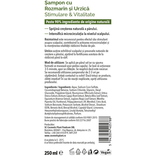 Eticheta sampon cu rozmarin și urzică pentru stimularea creșterii părului, fără siliconi sau SLES, ideal pentru fortificarea rădăcinii și activarea microcirculației scalpului.