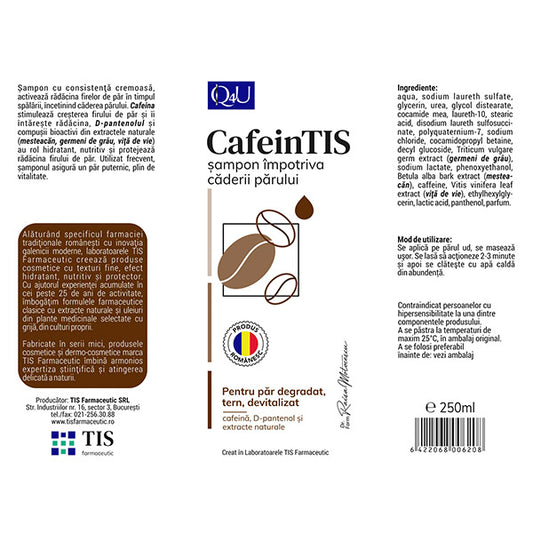 Eticheta Șampon împotriva căderii părului cu cafeină, D-pantenol și germeni de grâu, formulă cremoasă pentru stimularea creșterii și întărirea rădăcinii firului de păr.