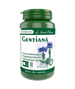 Supliment natural Gentiana 60 capsule, conține pulbere de rădăcină de Gențiană (180 mg) pentru stimularea digestiei, creșterea poftei de mâncare și sănătatea bilei.