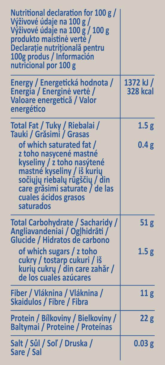 Etichetă paste Penne fără gluten din 100% făină de mazăre verde bogate în proteine