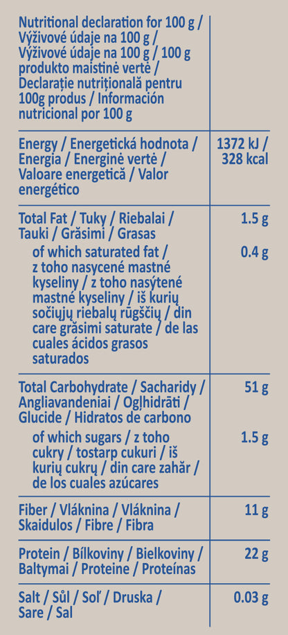 Etichetă paste Penne fără gluten din 100% făină de mazăre verde bogate în proteine