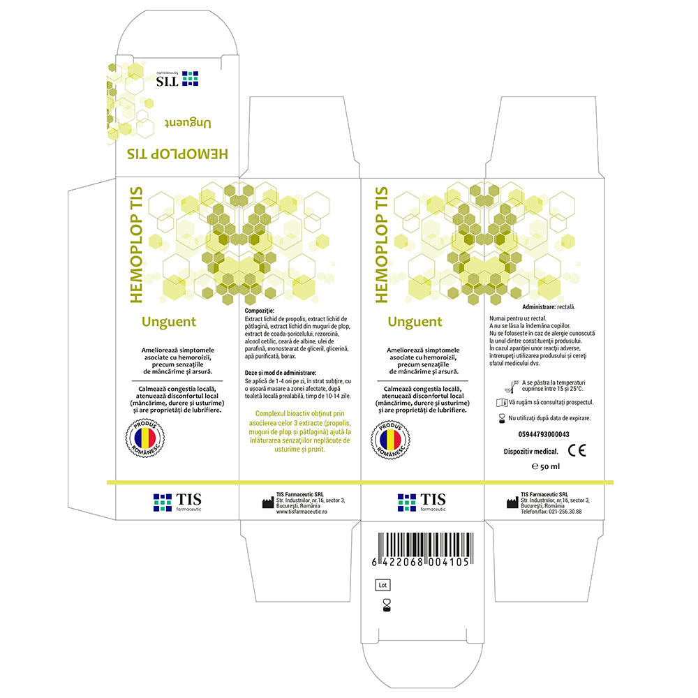 Unguent Hemoplop Tis cu propolis, muguri de plop și pătlagină pentru ameliorarea simptomelor hemoroizilor externi și a disconfortului anal.