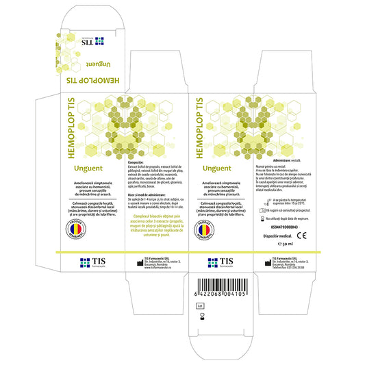 Unguent Hemoplop Tis cu propolis, muguri de plop și pătlagină pentru ameliorarea simptomelor hemoroizilor externi și a disconfortului anal.