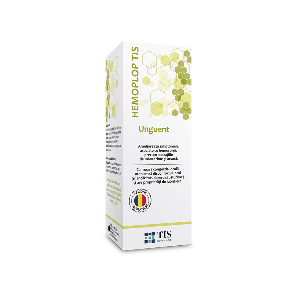 Unguent Hemoplop Tis cu propolis, muguri de plop și pătlagină pentru ameliorarea simptomelor hemoroizilor externi și a disconfortului anal.