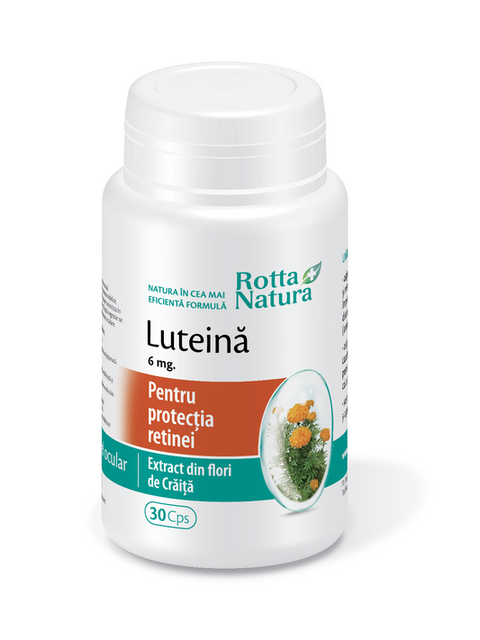 Supliment Luteină Rotta Natura 6 mg din extract de Crăiță, capsule vegetale pentru protecția ochilor împotriva luminii albastre și a degenerescenței maculare.