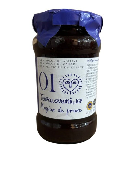 Borcan Magiun de prune Topoloveni 350g, produs tradițional fără zahăr adăugat, 100% natural, cu Indicație Geografică Protejată.