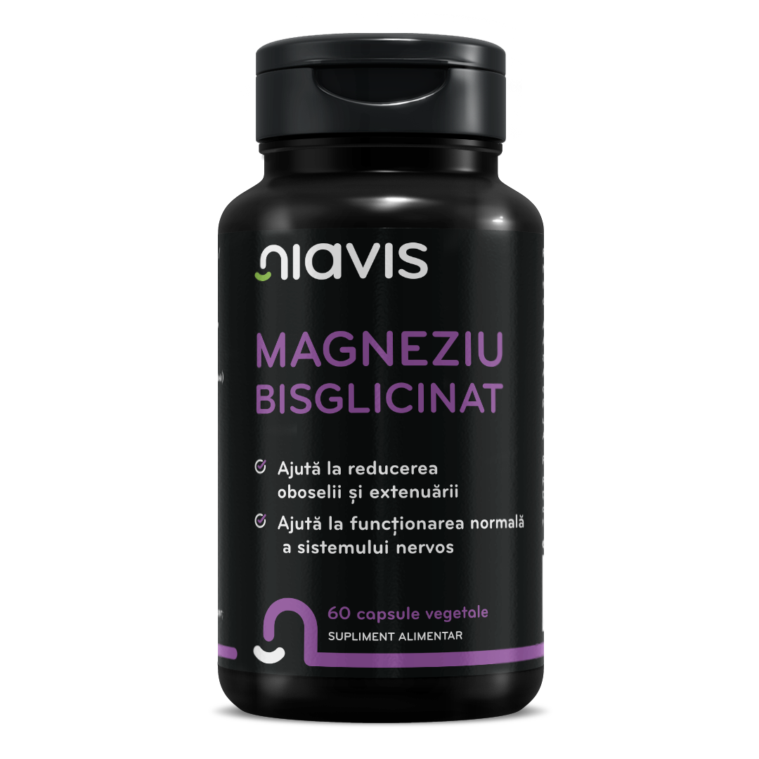 Supliment Magneziu Bisglicinat Niavis, capsule vegetale cu absorbție ridicată pentru relaxare musculară și sistem nervos.