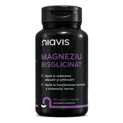 Supliment Magneziu Bisglicinat Niavis, capsule vegetale cu absorbție ridicată pentru relaxare musculară și sistem nervos.