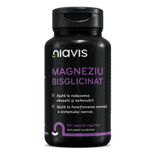 Supliment Magneziu Bisglicinat Niavis, capsule vegetale cu absorbție ridicată pentru relaxare musculară și sistem nervos.