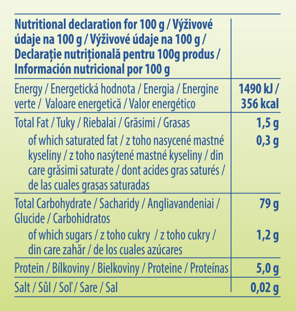 Declarație nutrițională paste fără gluten din porumb în formă de rățuște pentru copii.