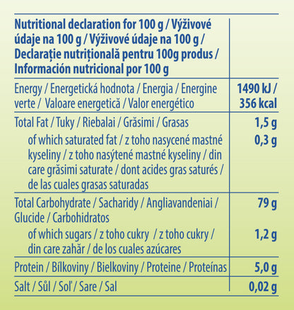 Declarație nutrițională paste fără gluten din porumb în formă de rățuște pentru copii.